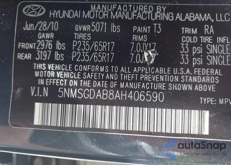 2010 Hyundai Santa Fe Gls z USA, uszkodzony, nr VIN 5NMSGDAB8AH406590